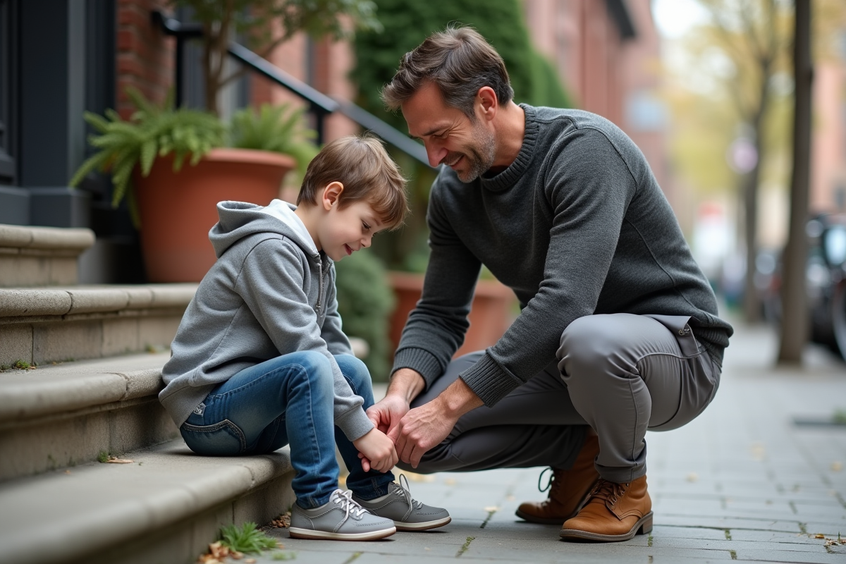 Père attachant les lacets de son fils devant l