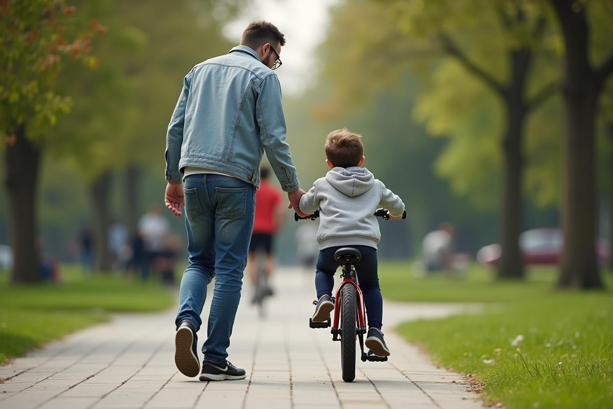 Parent guidant un enfant à vélo dans un parc urbain verdoyant