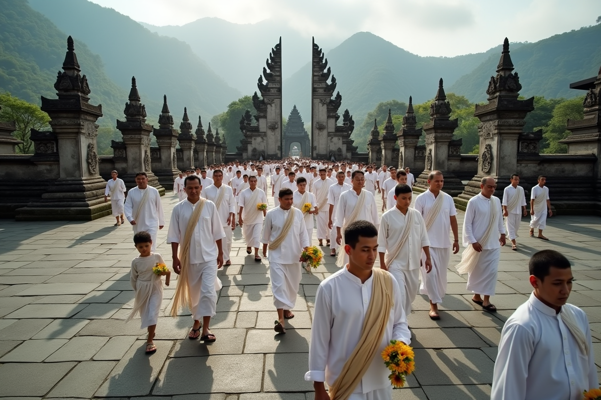 Groupe de Balinais en procession dans la cour du temple