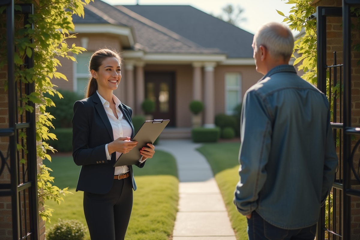 Jeune femme souriante accueille un homme devant une maison