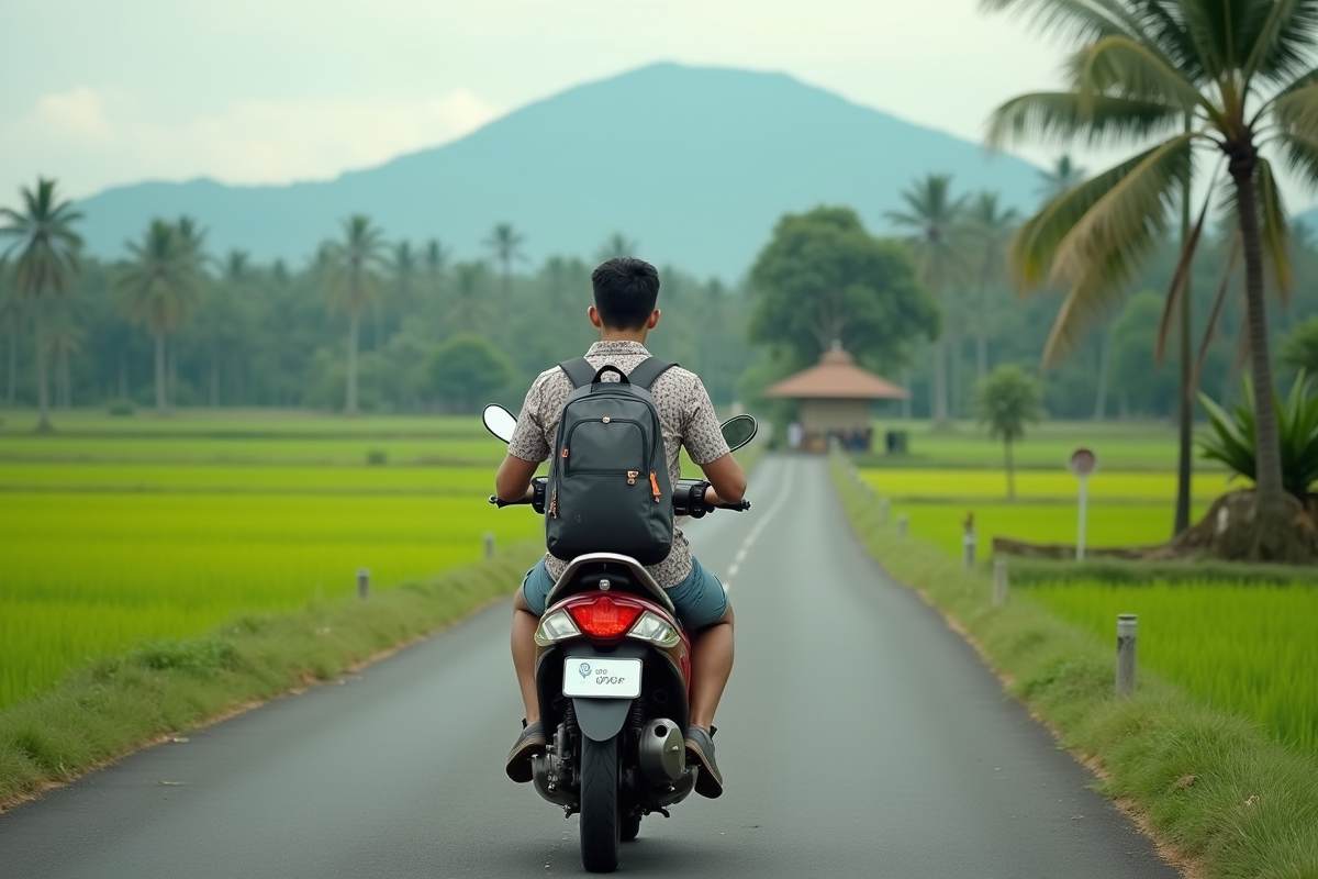 Jeune homme en scooter dans les rizières balinaises