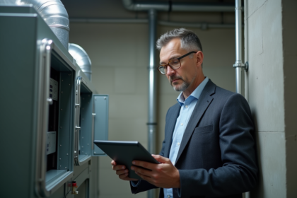 Auditeur énergie homme dans une salle technique moderne