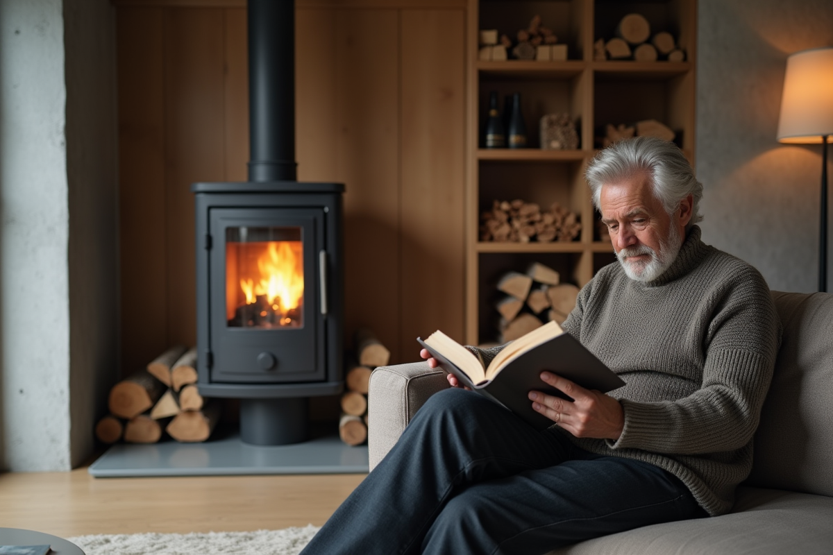 Homme lisant dans un salon moderne avec cheminée suspendue