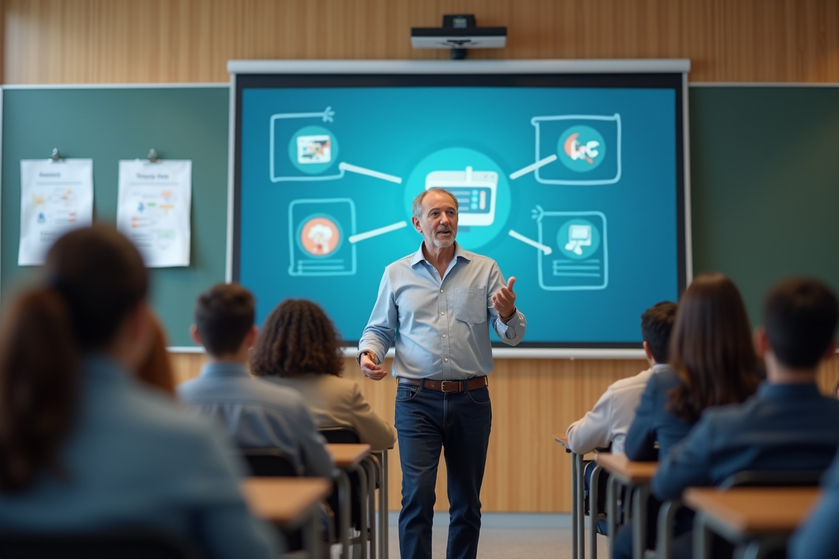 Professeur devant classe utilisant la plateforme MBN sur grand écran