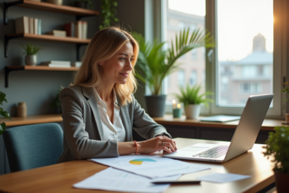 Femme d'affaires dans un bureau lisant des documents immobiliers