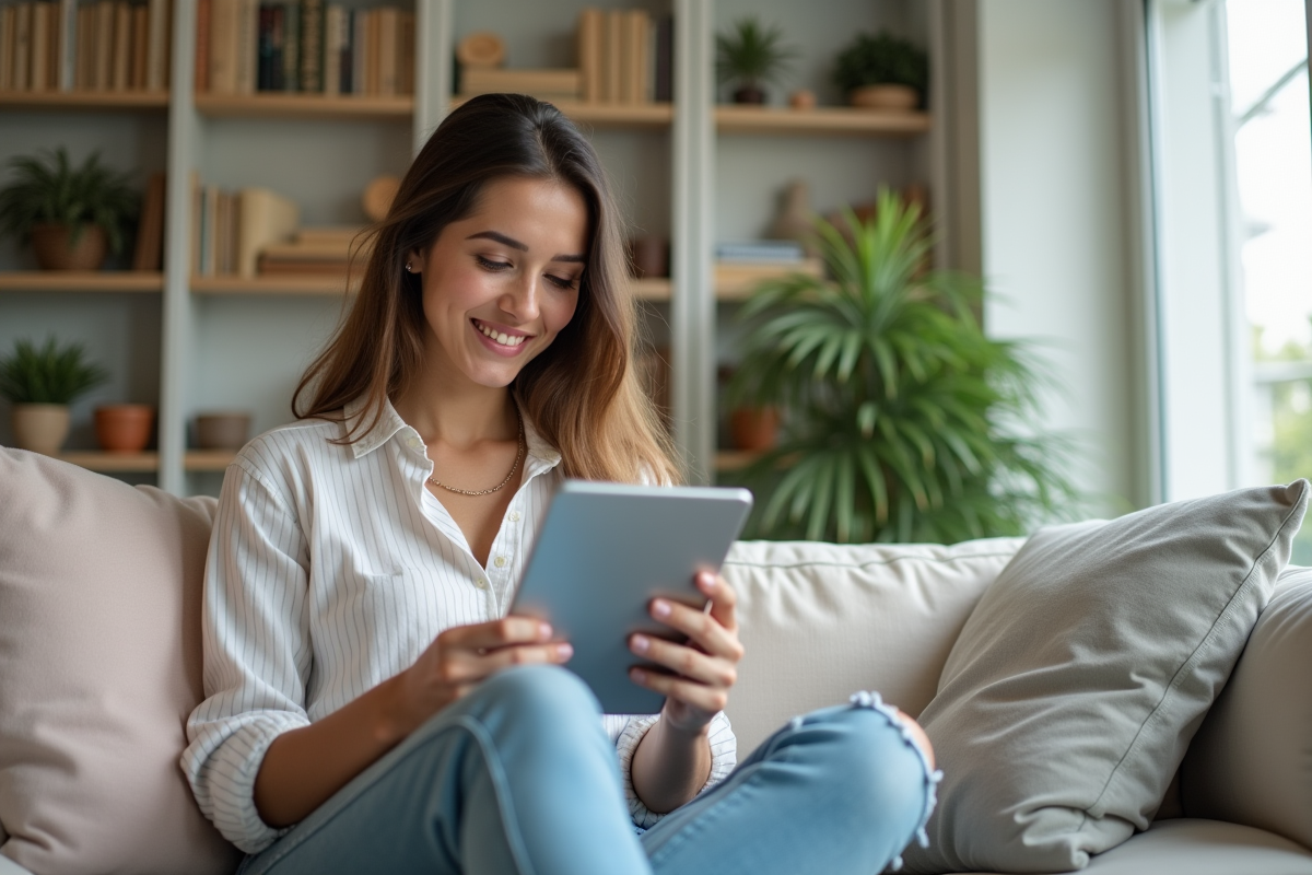 Jeune femme souriante consulte ses investissements à la maison