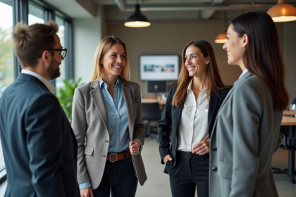 Groupe de collègues divers dans un bureau moderne en discussion
