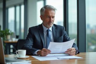 Homme d'affaires en réunion analyse documents financiers