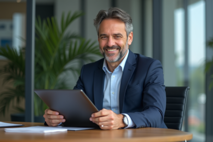 Homme d'affaires confiant en costume navy dans un bureau moderne