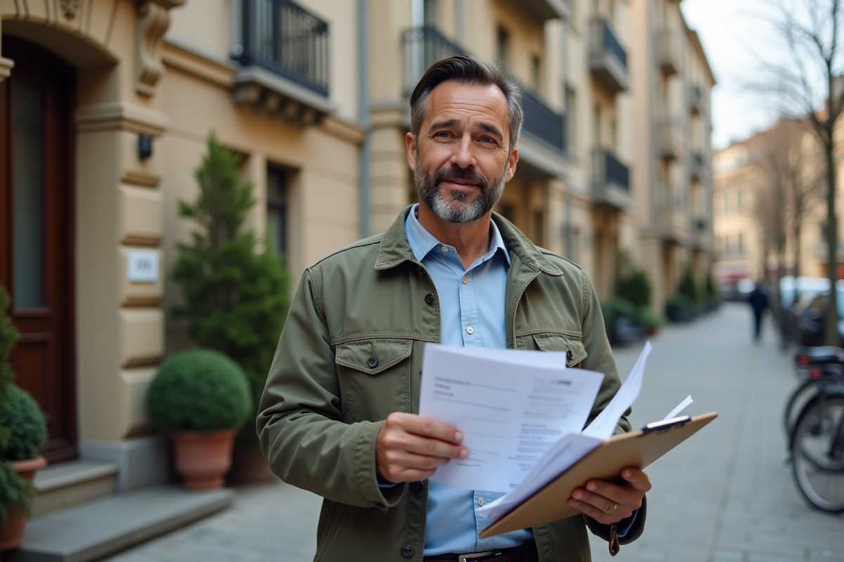 Homme regardant des papiers de taxes immobilières devant un immeuble