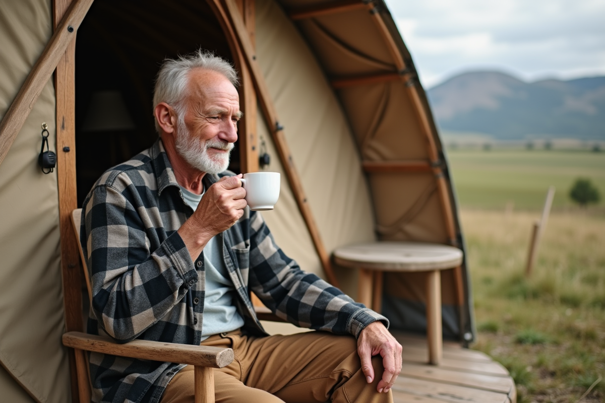 Homme âgé buvant un café devant sa yourte rurale
