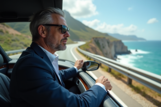 Homme élégant en costume sur une route côtière spectaculaire