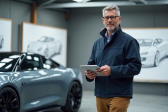 Ingénieur automobile devant une voiture moderne en studio