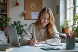 Jeune fille en jeans et pull concentrée sur son ordinateur dans sa chambre