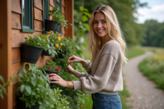 Jeune femme dans un jardin vertical devant sa tiny house