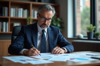 Economiste homme en costume analysant des graphiques financiers
