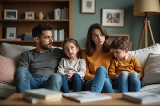 Famille de quatre sur un canapé avec expressions tendues