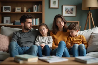 Famille de quatre sur un canapé avec expressions tendues