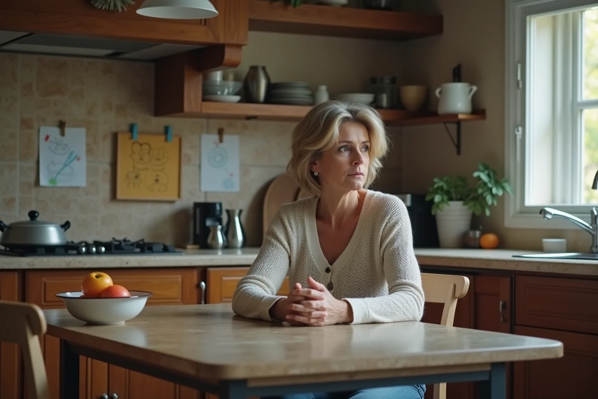 Femme assise seule à la cuisine pensant à famille