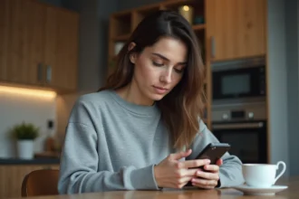Femme dans la cuisine moderne vérifiant son smartphone