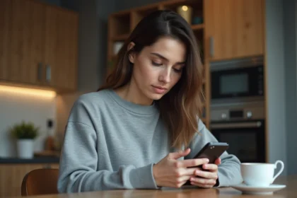 Femme dans la cuisine moderne vérifiant son smartphone
