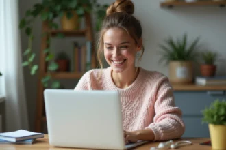 Femme française souriante en intérieur envoyant un GIF d'anniversaire