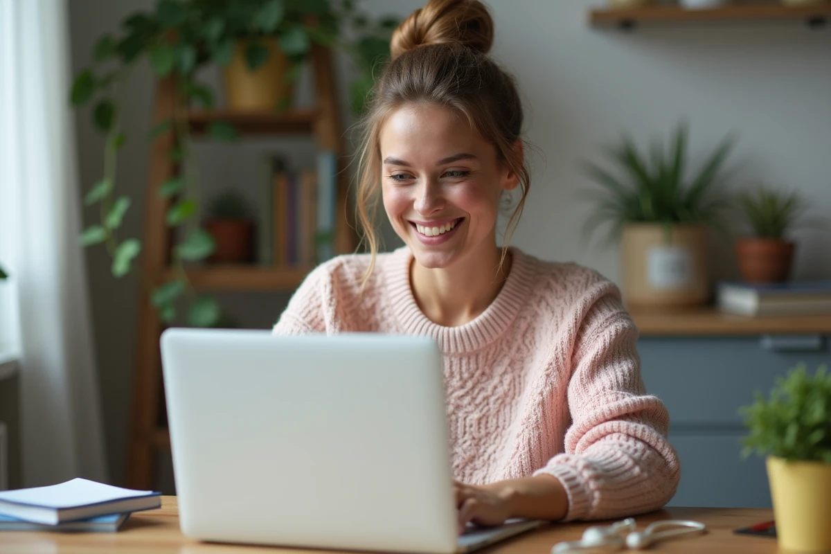Femme française souriante en intérieur envoyant un GIF d'anniversaire