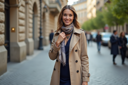Femme élégante en trench beige ajustant son foulard