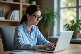 Jeune femme concentrée activant logiciel de traduction