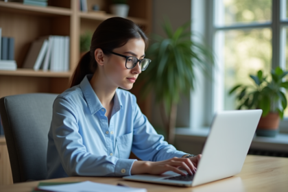 Jeune femme concentrée activant logiciel de traduction