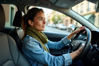 Femme en denim examine le tableau de bord de sa voiture