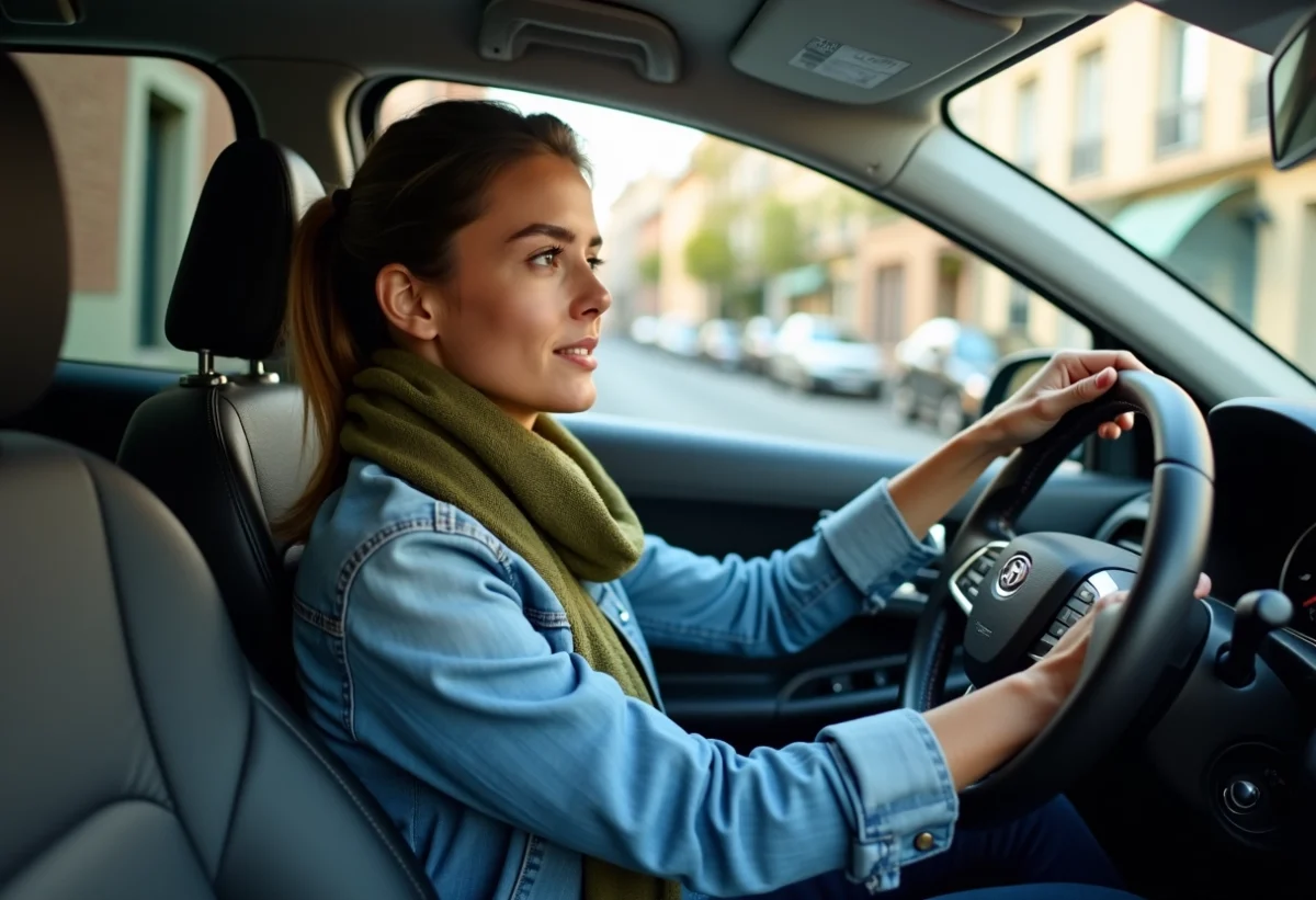 Femme en denim examine le tableau de bord de sa voiture