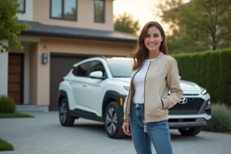 Femme souriante avec voiture hybride dans la cour
