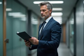 Homme d'affaires en costume dans un couloir moderne