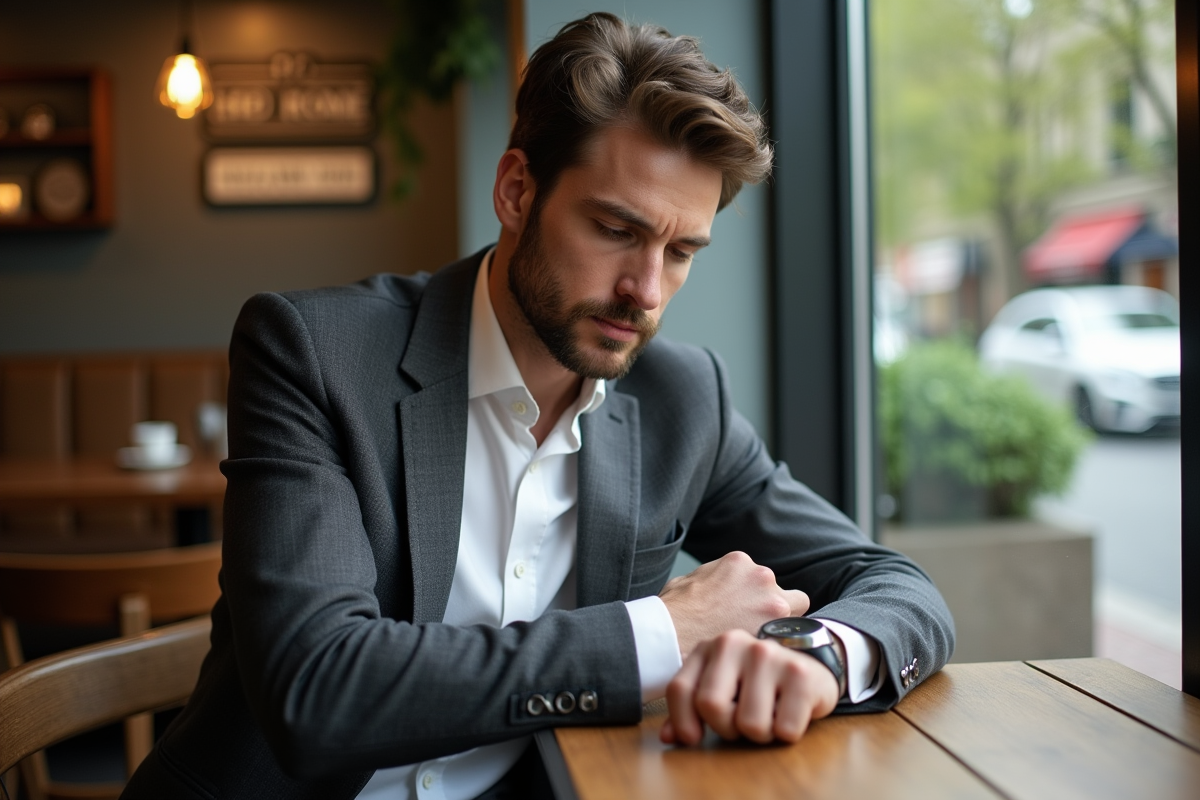 Homme en chemise blanche au café en intérieur
