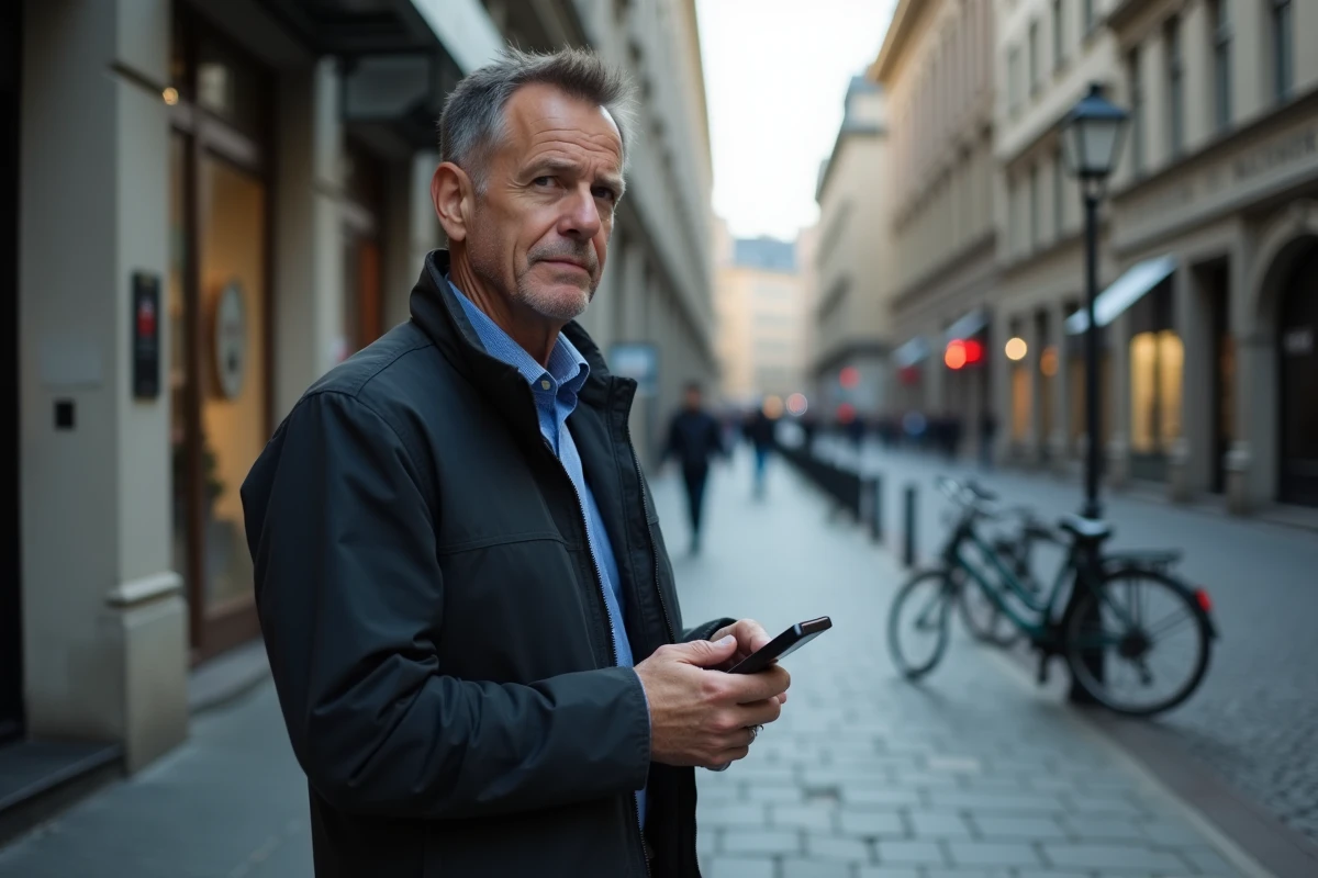 Homme dans la rue urbaine regardant son téléphone