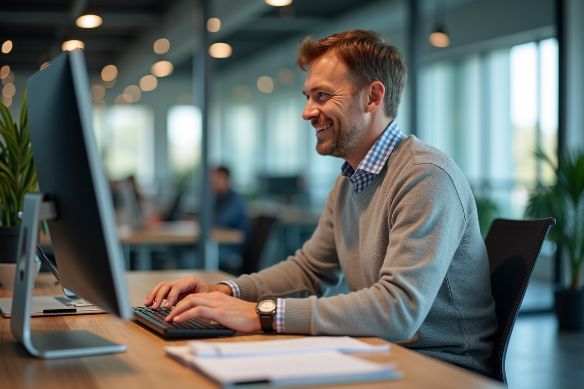 Homme ajustant paramètres de traduction sur son ordinateur