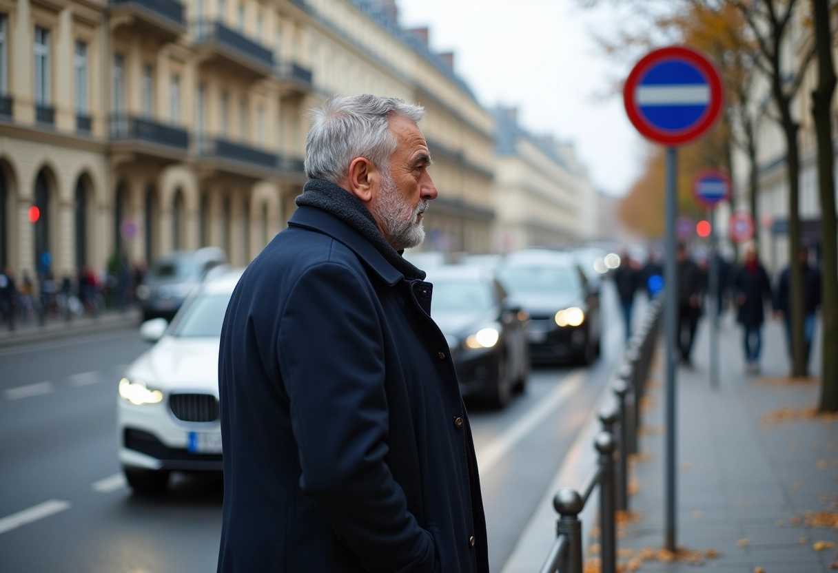 Homme lisant un panneau ZFE dans une rue parisienne