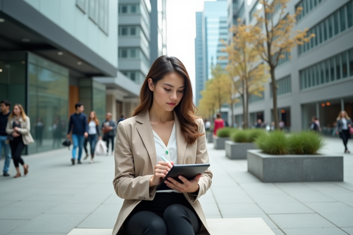Jeune femme en blazer beige prenant des notes en extérieur