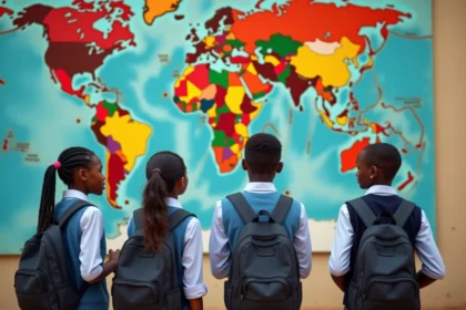 Groupe de lycéens devant une carte de l'Afrique