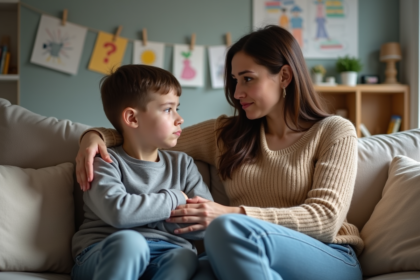 Mère inquiète console son enfant dans le salon familial