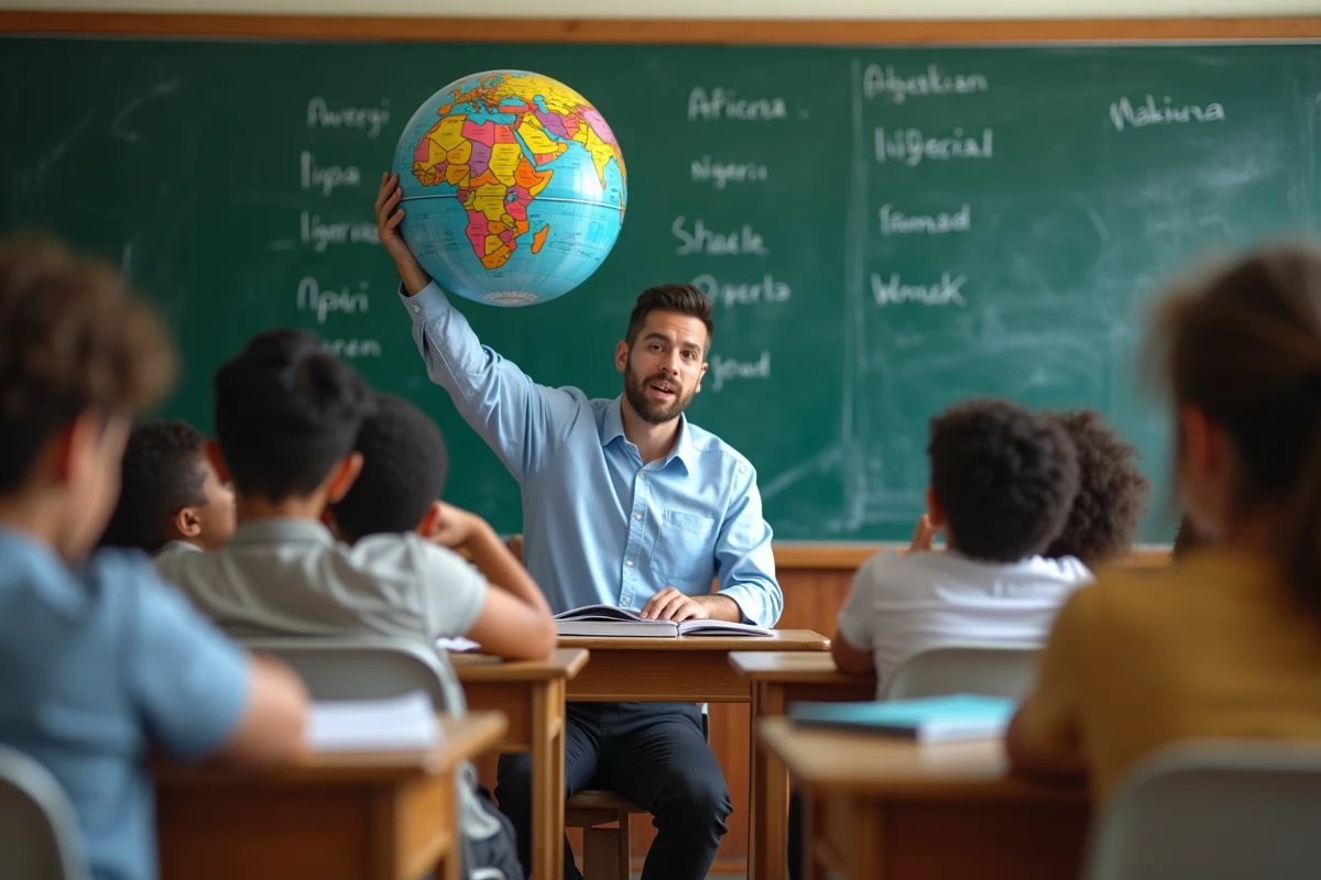 Professeur montrant un globe aux élèves en classe