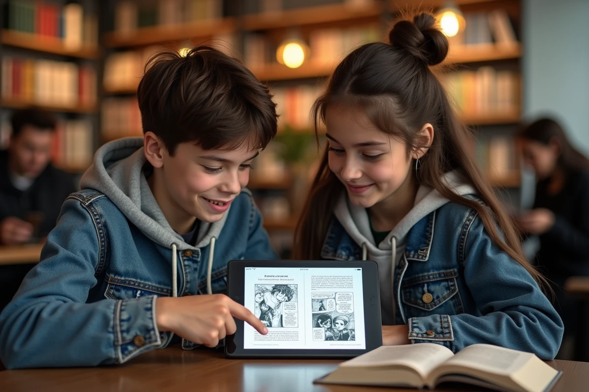 Deux adolescents discutant autour d un manga au café