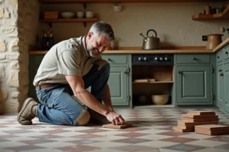 Homme moyenâgeux posant une tuile ancienne dans une cuisine rustique