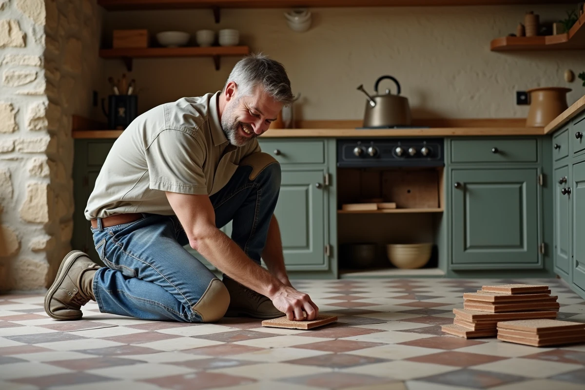 Homme moyenâgeux posant une tuile ancienne dans une cuisine rustique