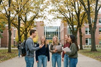 Groupe d'étudiants universitaires riant en plein air