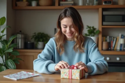 Jeune femme emballant un cadeau dans une cuisine chaleureuse