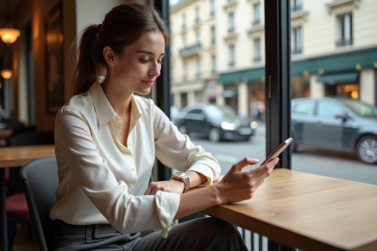 Jeune femme à Paris vérifiant sa montre dans un café