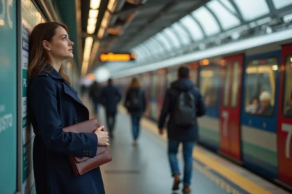 Jeune femme dans le métro parisien avec un trench bleu