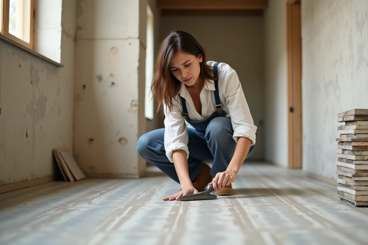 Jeune femme appliquant de la colle pour carrelage dans un couloir lumineux